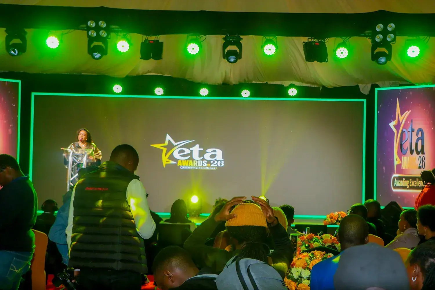 A wide view of the lit ETA Awards stage during the ceremony
